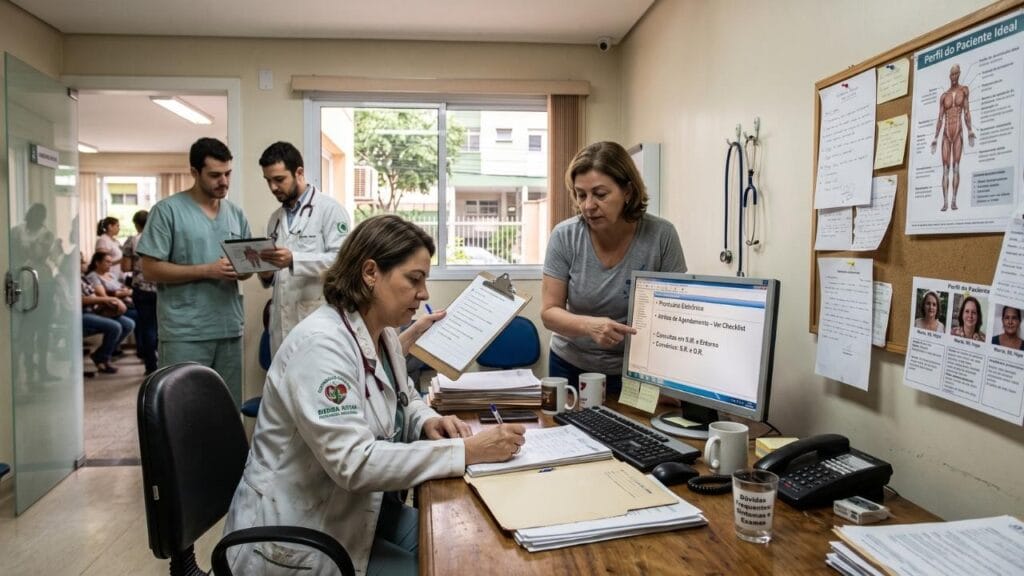 Médica atendendo todos. 