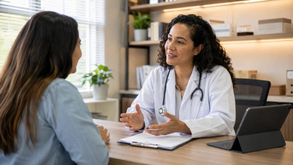 Médica falando com paciente.