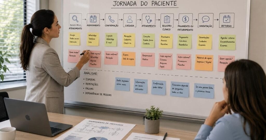 Comece mapeando a jornada real do paciente.
