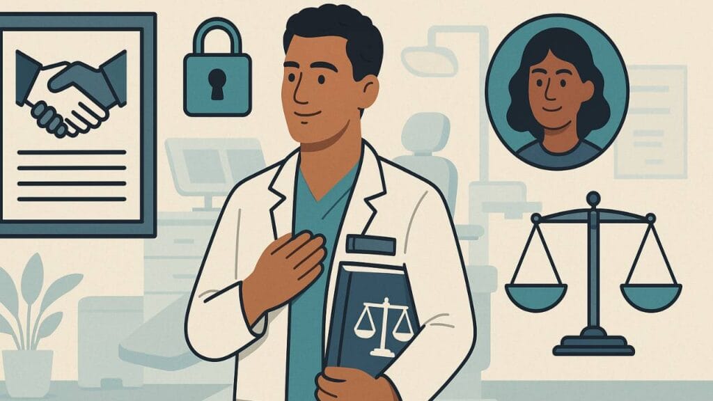 Medico segurando codigo de defesa do consumidor.