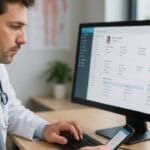 Médico usando sistema de gestão para consultórios.