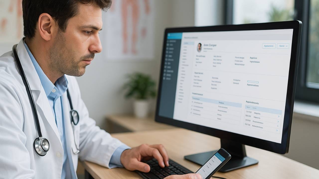 Médico usando sistema de gestão para consultórios.