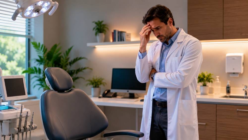 Médico preocupado com faltas no consultorio.