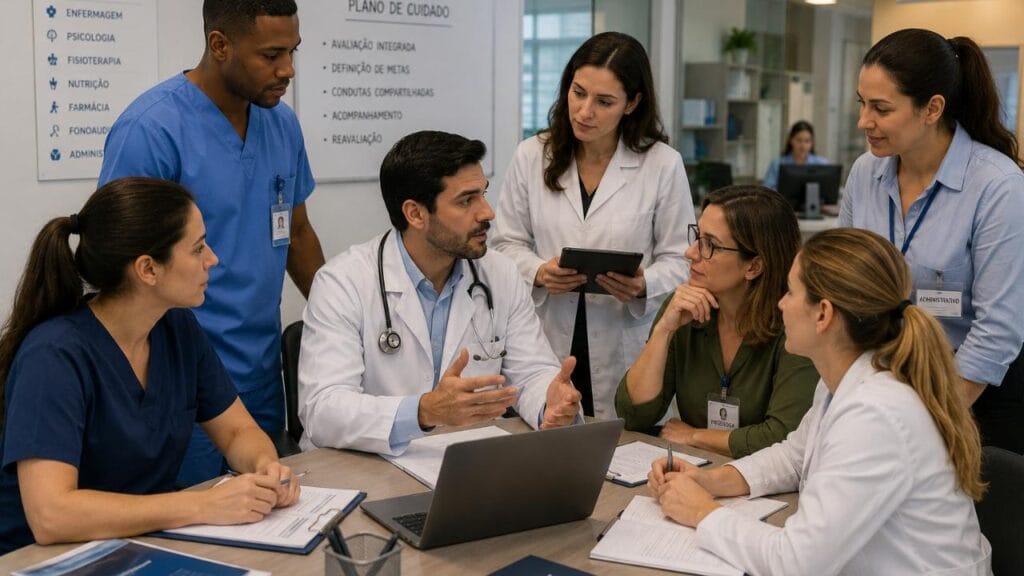 O médico trabalha integrado a uma equipe multiprofissional.