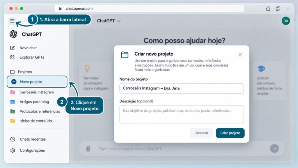Passo a passo mostrando onde criar um novo projeto no ChatGPT para organizar carrosséis do Instagram.








Esta conversa tem sido útil até agora?